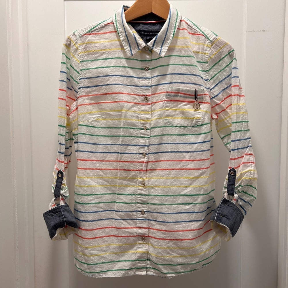 Tommy Hilfiger Rainbow Stripe Roll-Tab Button Down Shirt Women's L Multi-color